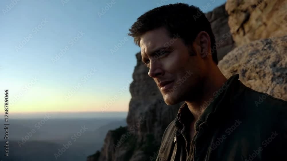 A man standing on the edge of a precipice looks down with a feeling of admiration and fear. A man standing on the edge of a precipice looks down with a feeling of admiration and fear.