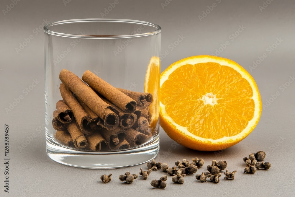 Cinnamon Sticks, Orange Slice, and Tea Leaves on Gray Background Cinnamon Sticks, Orange Slice, and Tea Leaves on Gray Background