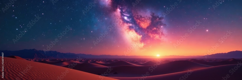 Fototapeta premium Desert landscape with glowing Milky Way at dawn, landscape, dawn