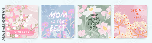 Spring set of cards with drawn cute meadow flowers. Floral botanical art templates for holiday card, poster, invitation, social media post, cover, advertisement, for Mother's Day, Easter and Birthday