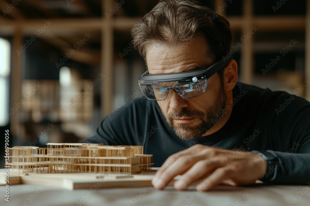Architect using augmented reality glasses to review a building model. Architect using augmented reality glasses to review a building model.
