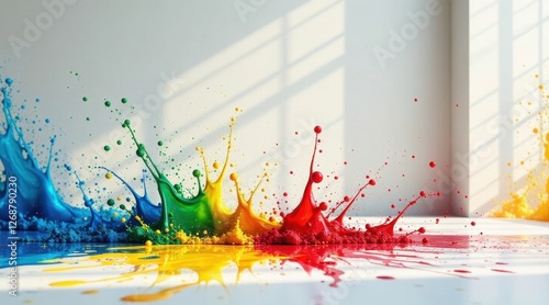 Vibrant Colored Paint Explosions on a Bright Surface in a Sunlit Room