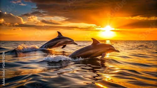 Two dolphins leap joyfully amidst a vibrant sunset, creating an unforgettable ocean spectacle photo