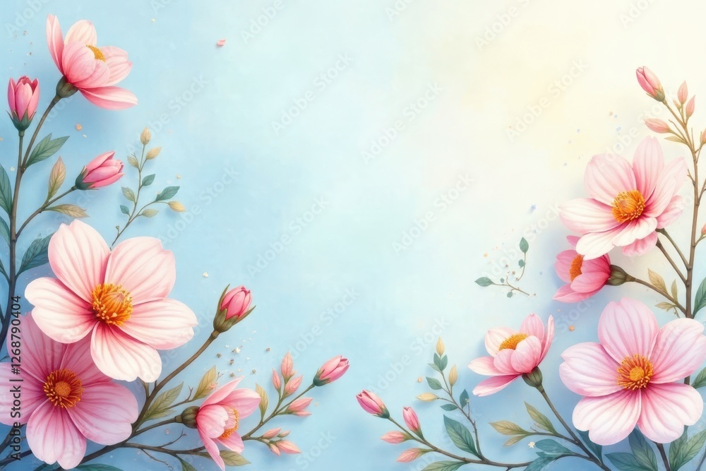 Delicate Pink Blossoms on a Soft Blue Background A Serene Floral Arrangement Perfect for Springtime Designs Delicate Pink Blossoms on a Soft Blue Background A Serene Floral Arrangement Perfect for Springtime Designs