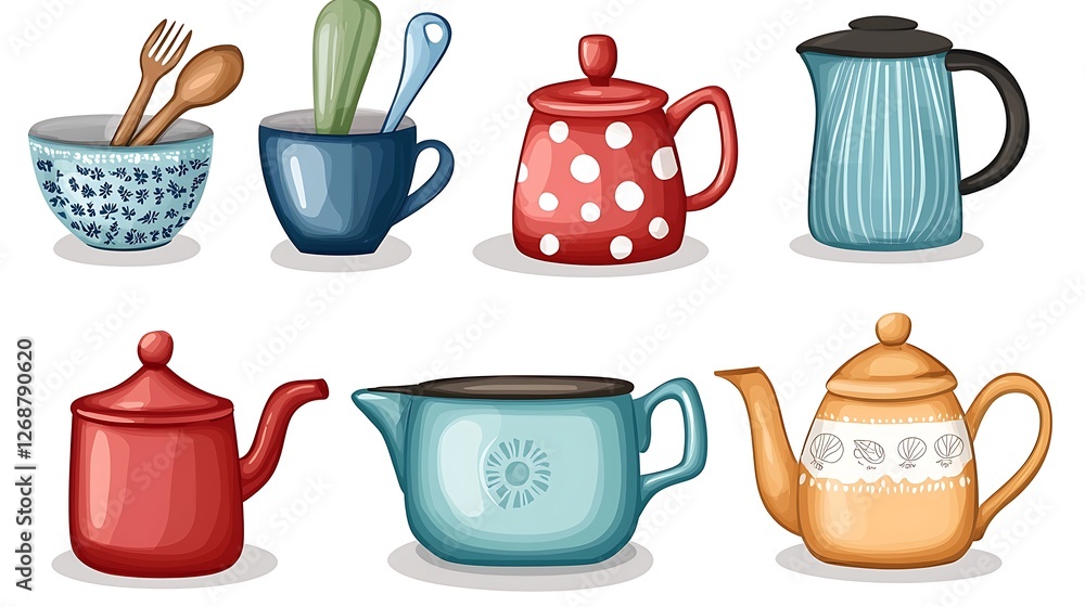 Colorful Kitchenware Collection with Bowls, Teapots and Utensils Colorful Kitchenware Collection with Bowls, Teapots and Utensils