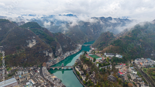 Aerial photography of ancient cities and rivers in Guizhou, China photo