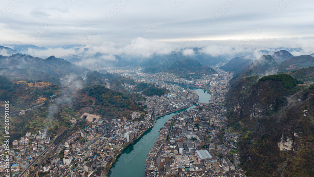 Aerial photography of ancient cities and rivers in Guizhou, China