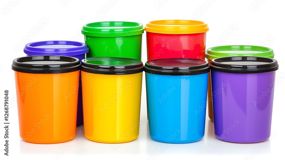 Brightly Colored Plastic Containers in Various Shades and Sizes