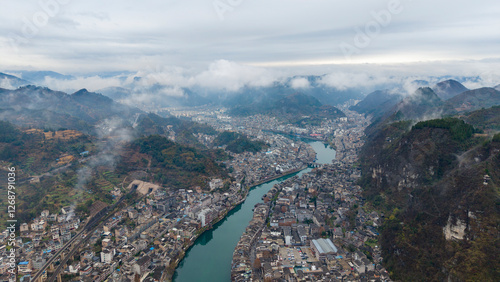 Obraz na płótnie Aerial photography of ancient cities and rivers in Guizhou, China w salonie