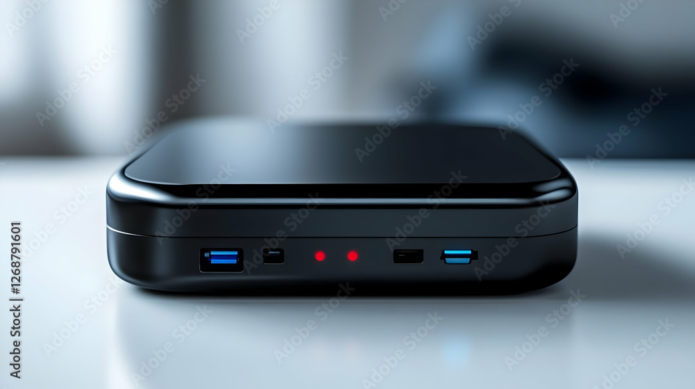 Close-up view of a modern portable device with USB ports and LED indicators.