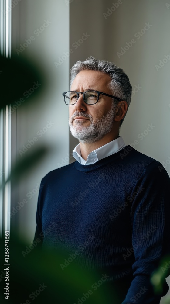 Fototapeta premium Middle-aged man gazing thoughtfully out of a window in a minimalist setting during daylight hours