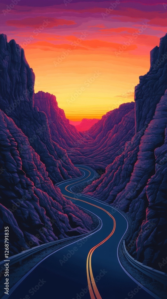 Fototapeta premium A winding road through a canyon at sunset provides adventure