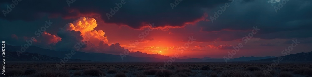 Desolate landscape with orange-hued clouds against a dark sky, dark background, nature Desolate landscape with orange-hued clouds against a dark sky, dark background, nature