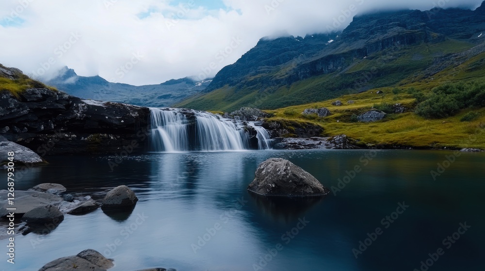 Fototapeta premium A waterfall cascading down a rocky cliff into a serene lake, surrounded by lush green grass and towering mountains.