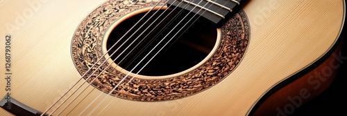 Close up of a beautifully crafted acoustic guitar showcasing intricate design and fine craftsmanship. Generative AI
