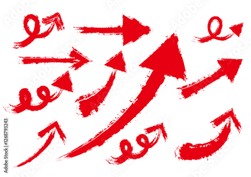 水彩　筆文字　手描き　レッド　曲線の矢印イラスト素材セット