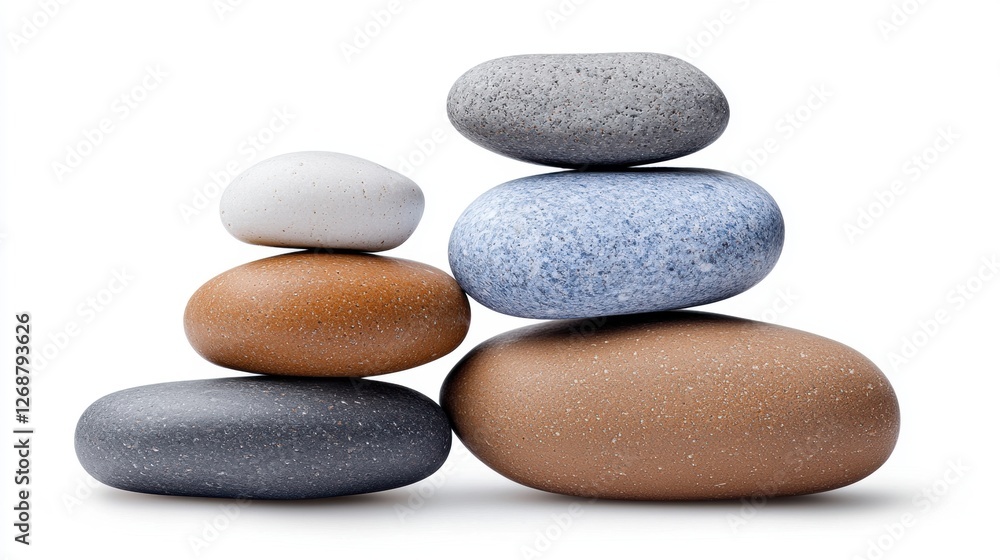 A collection of seven stones of varying sizes and colors, stacked in a pyramid formation. A collection of seven stones of varying sizes and colors, stacked in a pyramid formation.
