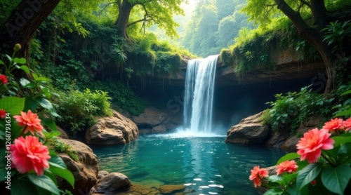 Serene Waterfall Cascading into a Lush Emerald Pool Surrounded by Vibrant Tropical Flora and Towering Trees