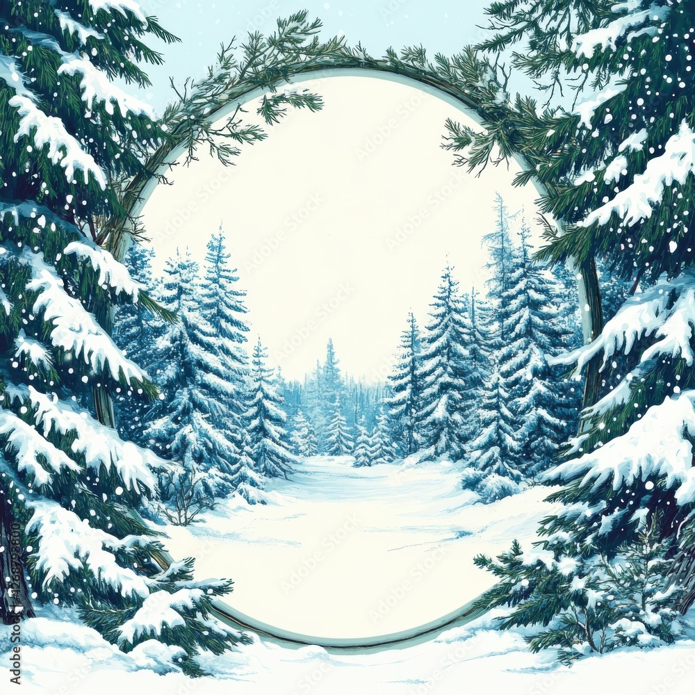 Obraz premium Snowy forest landscape with towering pine trees under a gentle snowfall creating a winter wonderland experience