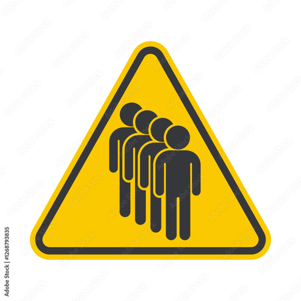 Isolated triangle sign please queue, people line, check-in, waiting enter, team work, group of man Isolated triangle sign please queue, people line, check-in, waiting enter, team work, group of man