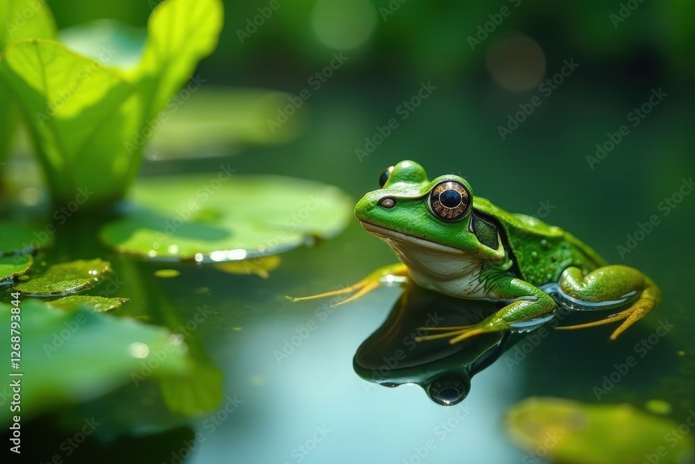 A vibrant green amphibian, with striking golden eyes, peacefully rests on a tranquil aquatic plant, its reflection mirroring its serene beauty in the still water A vibrant green amphibian, with striking golden eyes, peacefully rests on a tranquil aquatic plant, its reflection mirroring its serene beauty in the still water