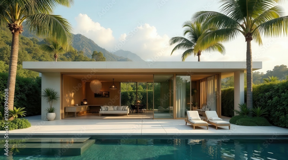 Fototapeta premium Serene Tropical Oasis Modern Architectural Design Featuring a Private Pool and Luxurious Indoor-Outdoor Living Space
