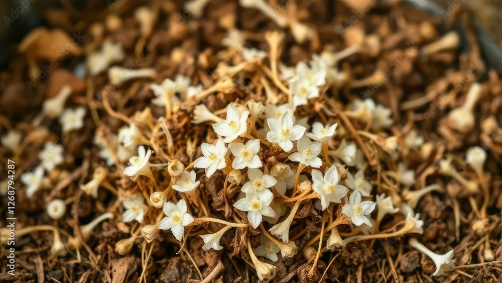 dried white flower clippings in a compost bin, natural cycle, garden waste, humus formation dried white flower clippings in a compost bin, natural cycle, garden waste, humus formation