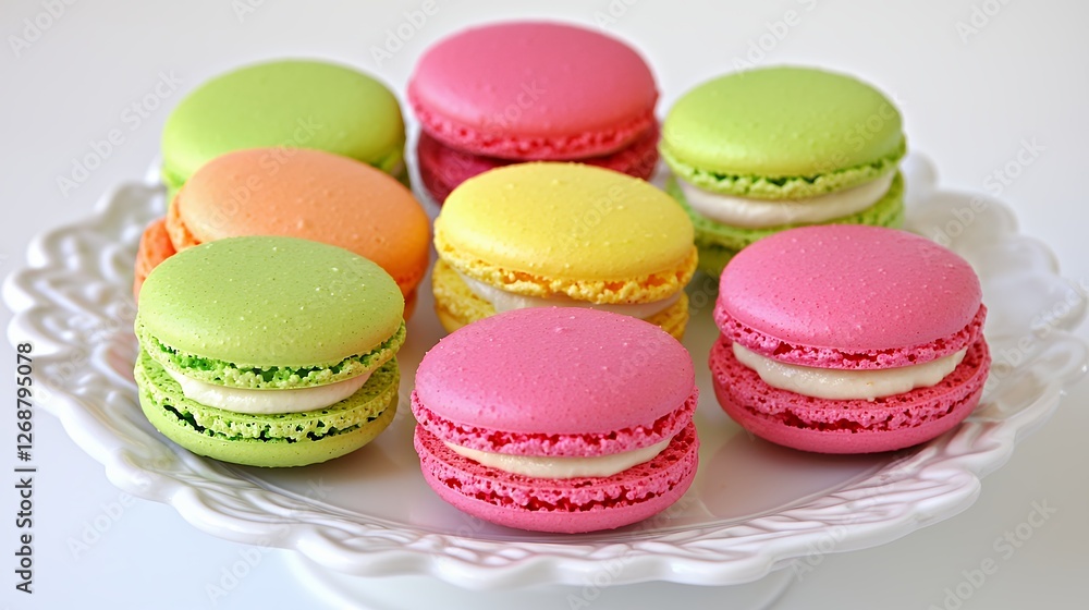 Fototapeta premium Assortment of Colorful Macarons on White Plate: Delicate French Pastries in Pastel Shades of Pink, Yellow, Green, and Orange. Sweet Treats, Delicious