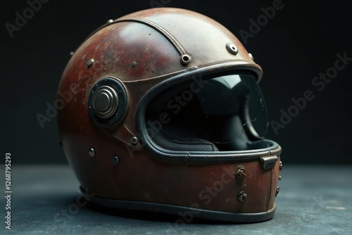 A weathered, vintage-style motorcycle helmet with a distressed leather finish and dark tinted visor, showcasing a unique blend of ruggedness and classic design aesthetics photo