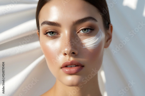 Beauty Skincare Close-Up: Young Woman with Smooth, Porcelain Skin and Gentle Face Cream Highlighting Her Cheekbones