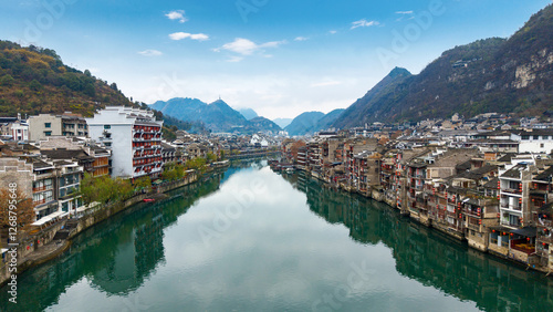 Beautiful ancient city on the river, Zhenyuan Ancient City, Guizhou, China photo