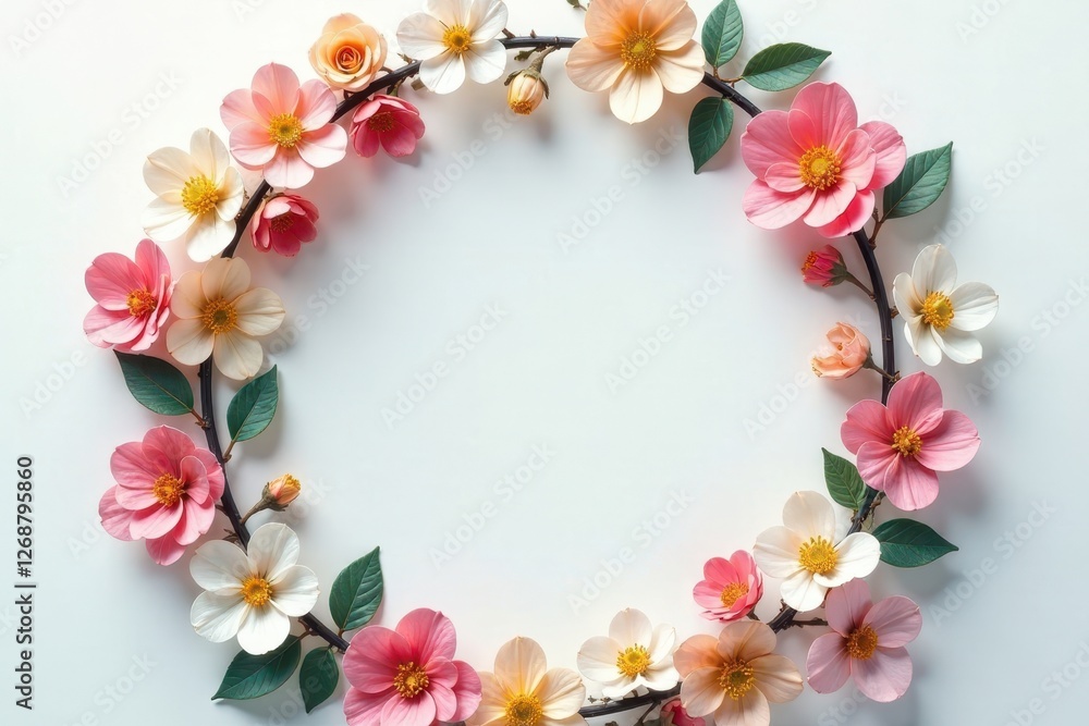 Delicate Blossom Wreath A Circular Arrangement of Pastel Pink, Peach, and White Flowers on a Clean White Background, Ideal for Springtime Designs and Celebrations. Delicate Blossom Wreath A Circular Arrangement of Pastel Pink, Peach, and White Flowers on a Clean White Background, Ideal for Springtime Designs and Celebrations.