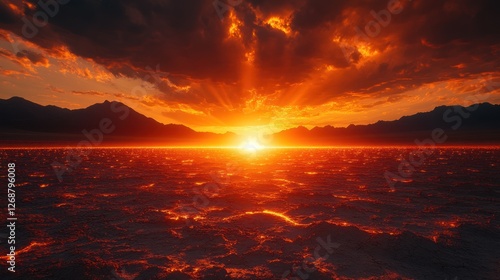 Fiery sunset over a vast, textured landscape, with dramatic clouds and sun rays.
