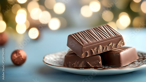 Delicious chocolate bars on a decorative plate against a festive background. photo