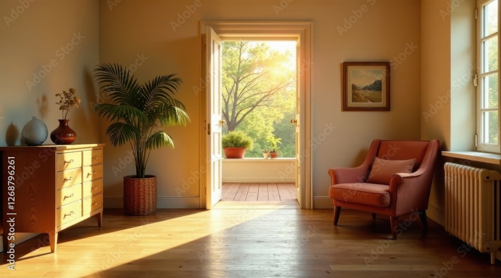 Fototapeta premium Serene sunlit interior with open doorway revealing tranquil garden view and comfortable armchair