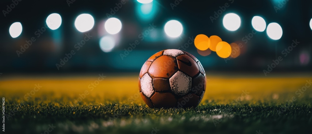 Fototapeta premium Soccer ball on field at night with blurred lights, perfect for sports photography, soccer training, and outdoor activity promotions.
