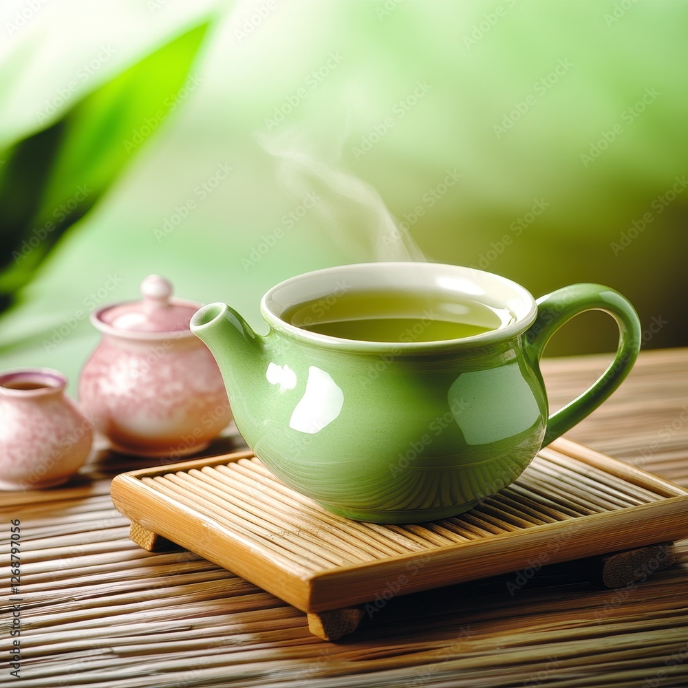 Green Teapot on Bamboo Mat with Steam Green Teapot on Bamboo Mat with Steam