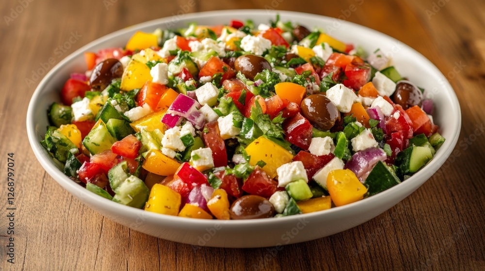 A Mediterranean salad served on a clean wooden table, with colorful vegetables, olives, feta, and a light olive oil dressing, making it perfect for a fresh meal A Mediterranean salad served on a clean wooden table, with colorful vegetables, olives, feta, and a light olive oil dressing, making it perfect for a fresh meal