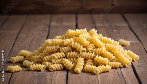 Uncooked Pasta Fusilli on a wooden table