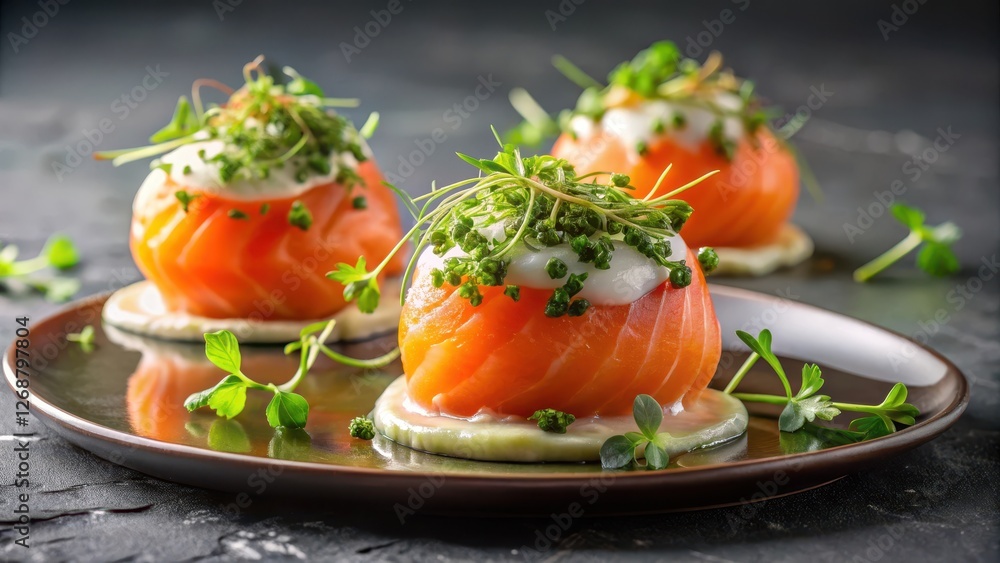 Spherified Smoked Salmon with Dehydrated Dill Sauce and Microgreens, dehydrated sauce Spherified Smoked Salmon with Dehydrated Dill Sauce and Microgreens, dehydrated sauce