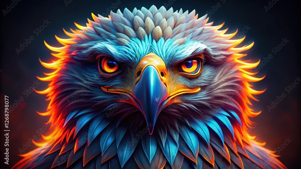 Obraz premium A large eagle with bright neon feathers and a massive glowing pair of eyes that appear to be looking directly at the viewer in a fierce stance , Intense, Wild