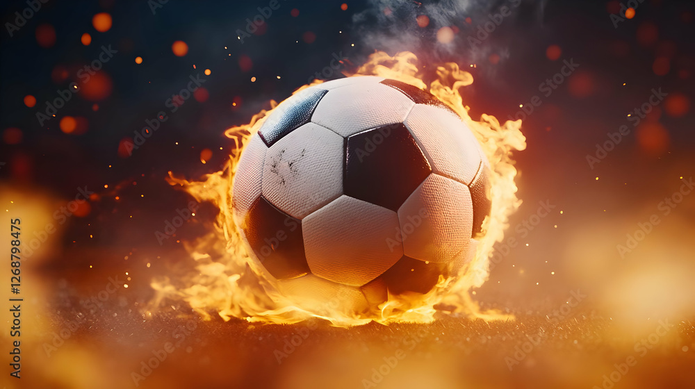 Naklejka premium Dynamic soccer ball engulfed in flames, representing energy and passion for the sport.