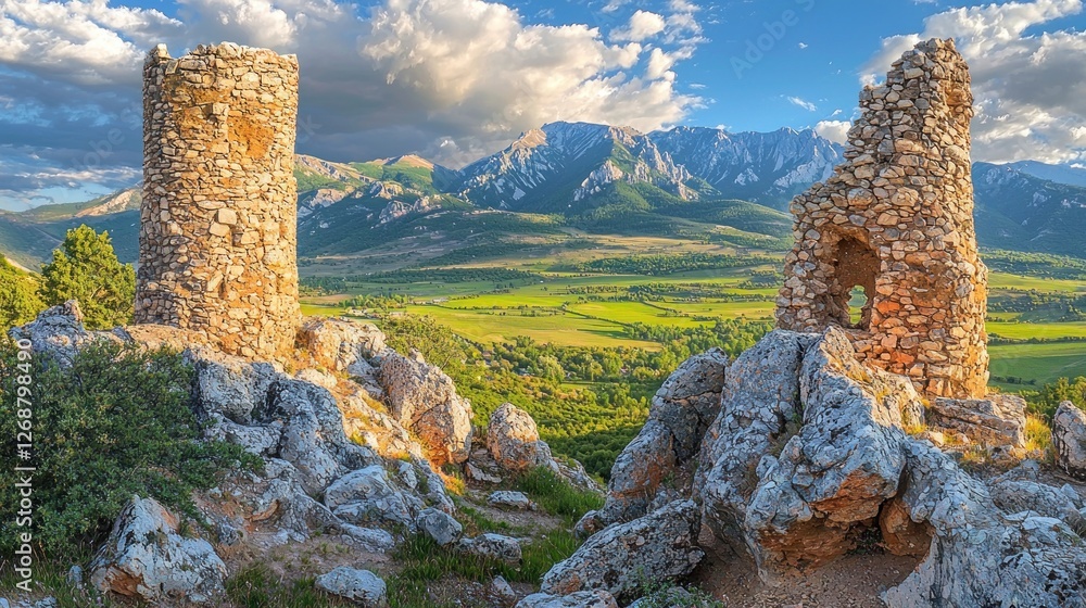 Ancient towers, mountain valley vista, scenic overlook Ancient towers, mountain valley vista, scenic overlook