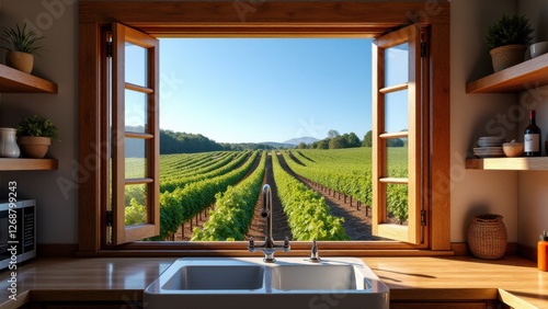 Open casement window, Rustic kitchen open wooden casement window vineyard view.
