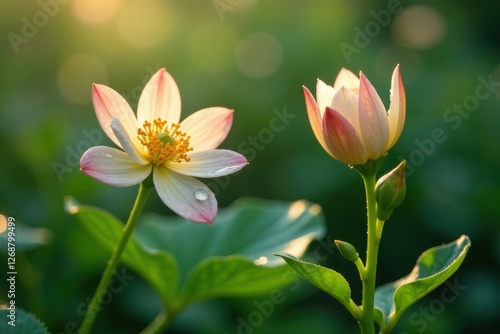 Golden hour illuminates delicate blossoms, showcasing nature's artistry with a morning dewdrop