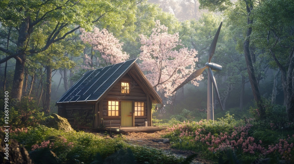 Small off-grid cabin nestled in tranquil woods with solar panels and wind turbine Small off-grid cabin nestled in tranquil woods with solar panels and wind turbine