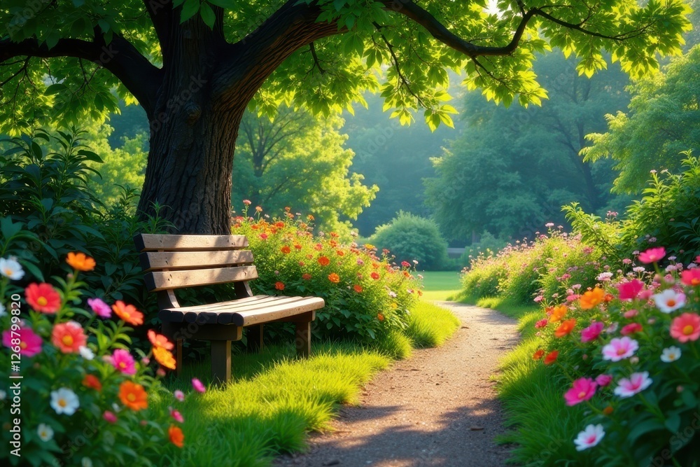 Serene Garden Path Wooden Bench Under Lush Tree Canopy, Vibrant Flowers Blooming Along Sunlit Trail Serene Garden Path Wooden Bench Under Lush Tree Canopy, Vibrant Flowers Blooming Along Sunlit Trail