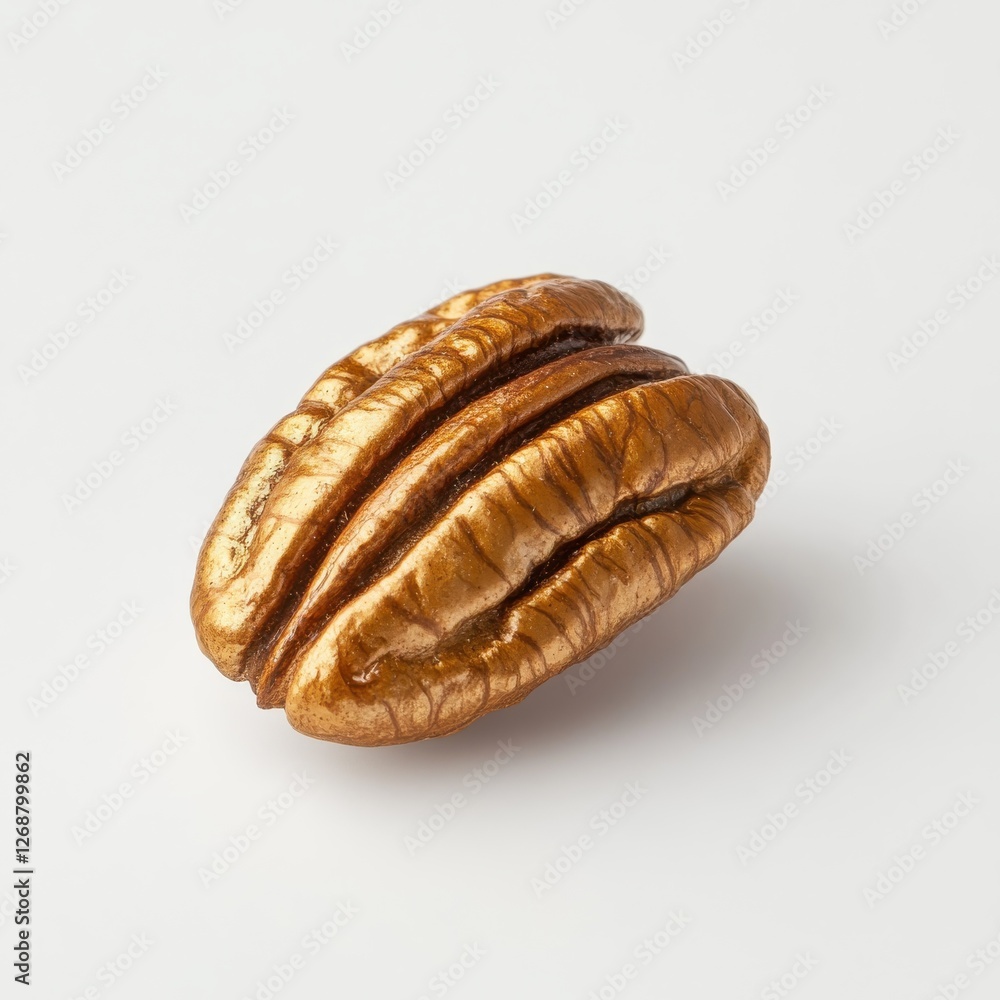Roasted pecan with textured brown shell showcasing natural beauty and unique characteristics on plain white background Roasted pecan with textured brown shell showcasing natural beauty and unique characteristics on plain white background