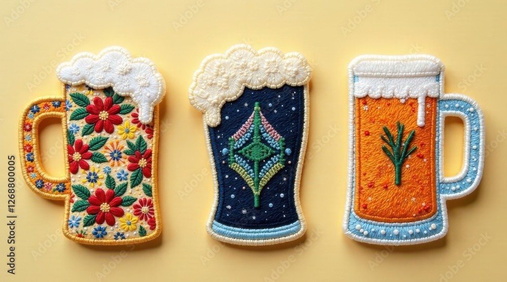 Hand-Embroidered Beer Mug Patches A Trio of Unique Designs Featuring Floral, Geometric, and Herbal Motifs Hand-Embroidered Beer Mug Patches A Trio of Unique Designs Featuring Floral, Geometric, and Herbal Motifs