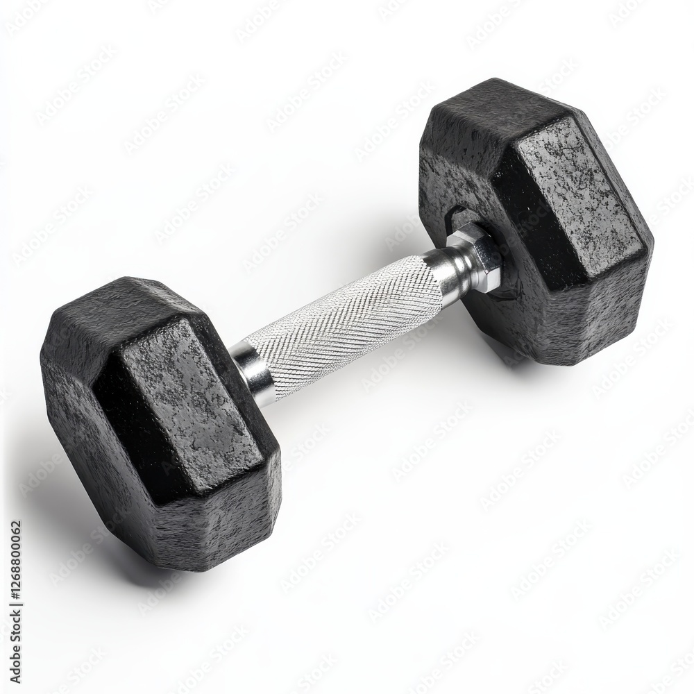 Hexagonal gym dumbbell resting on a clean surface in a fitness environment for strength training and workout routines Hexagonal gym dumbbell resting on a clean surface in a fitness environment for strength training and workout routines